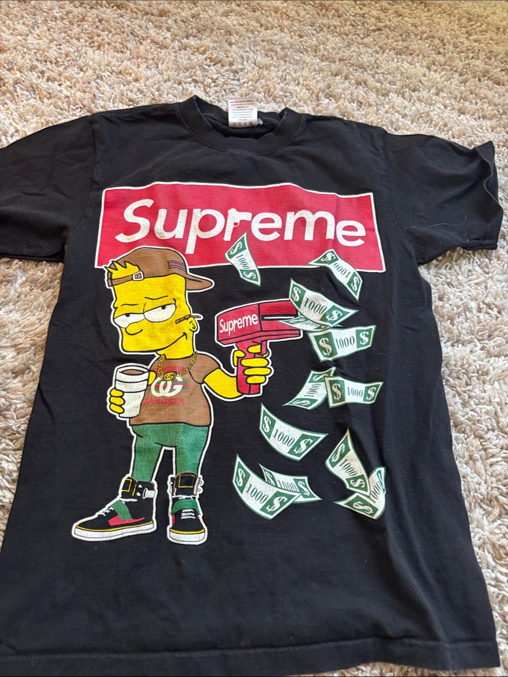 Supreme Black Tee with Red Logo and Green Money Graphic